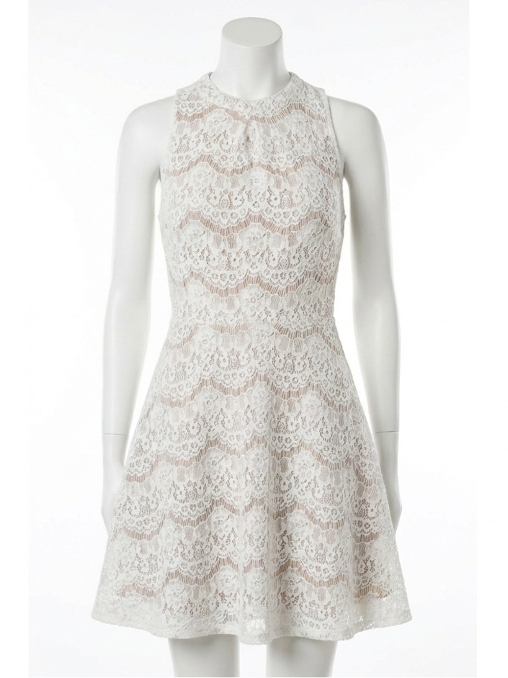 Love FIRE White Lace Sleeveless Skater Mini Dress Neutral Nude Lining Medium M